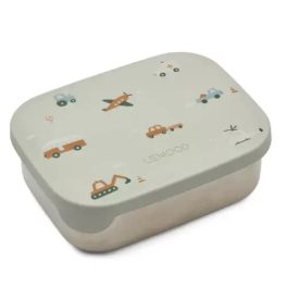   Liewood Arthur fém mintás uzsonnás doboz, Vehicles, dove blue mix