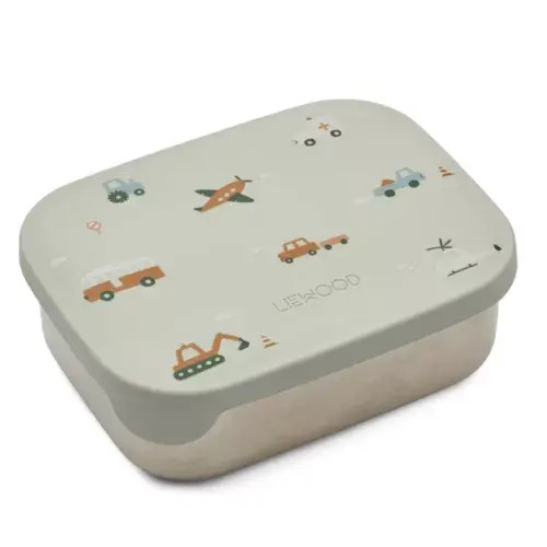 Liewood Arthur fém mintás uzsonnás doboz, Vehicles, dove blue mix